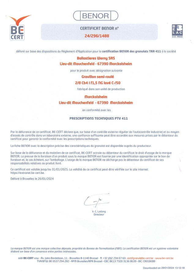Certification BENOR – Ballastières Werny